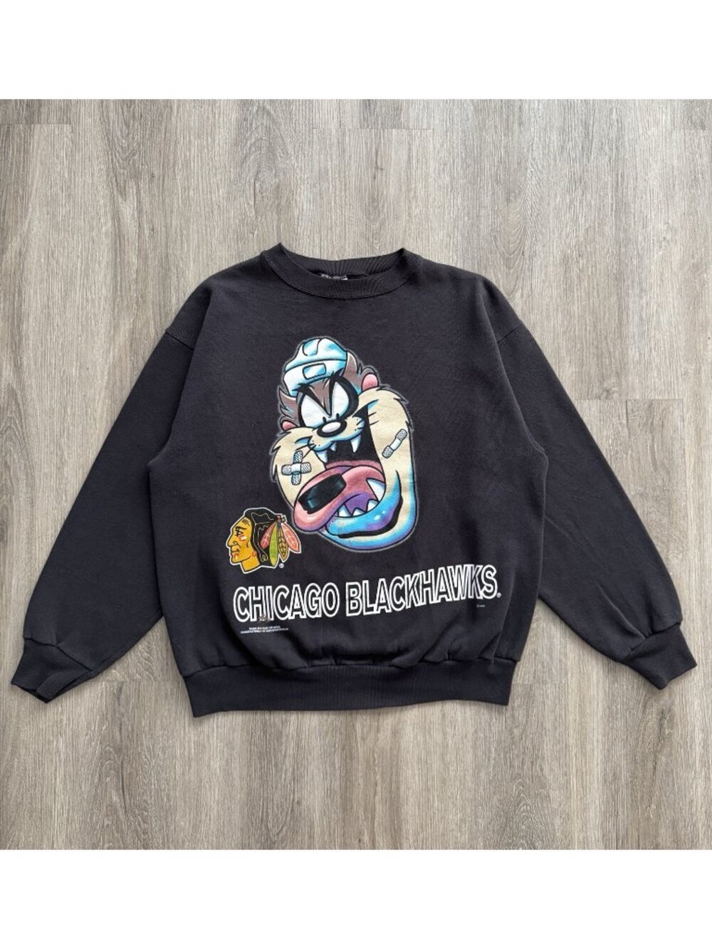 Rare Vintage 90s Chicago Blackhawks Tazmanian Devil Looney Tunes Black Crewneck